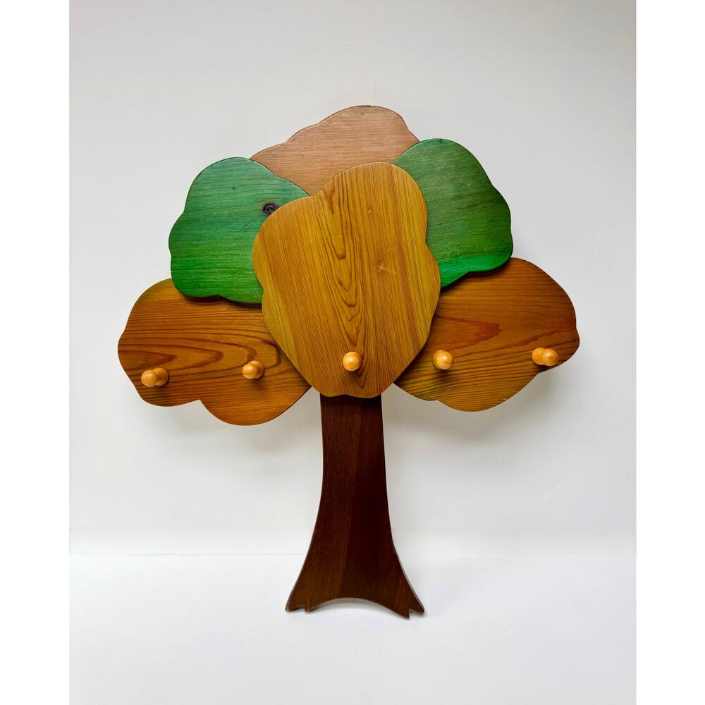 Vintage 1970s Folk Art Tree Wall Coat Rack, Children’s Decor